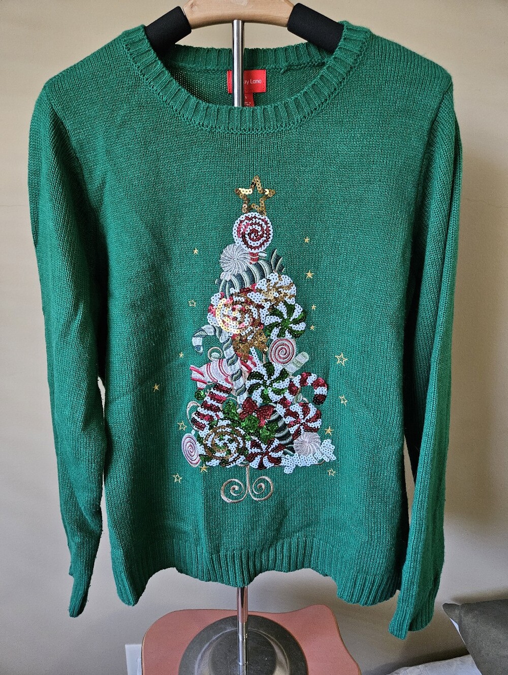 Holiday Lane Candy Tree Sequin Christmas Sweater Green- Size L